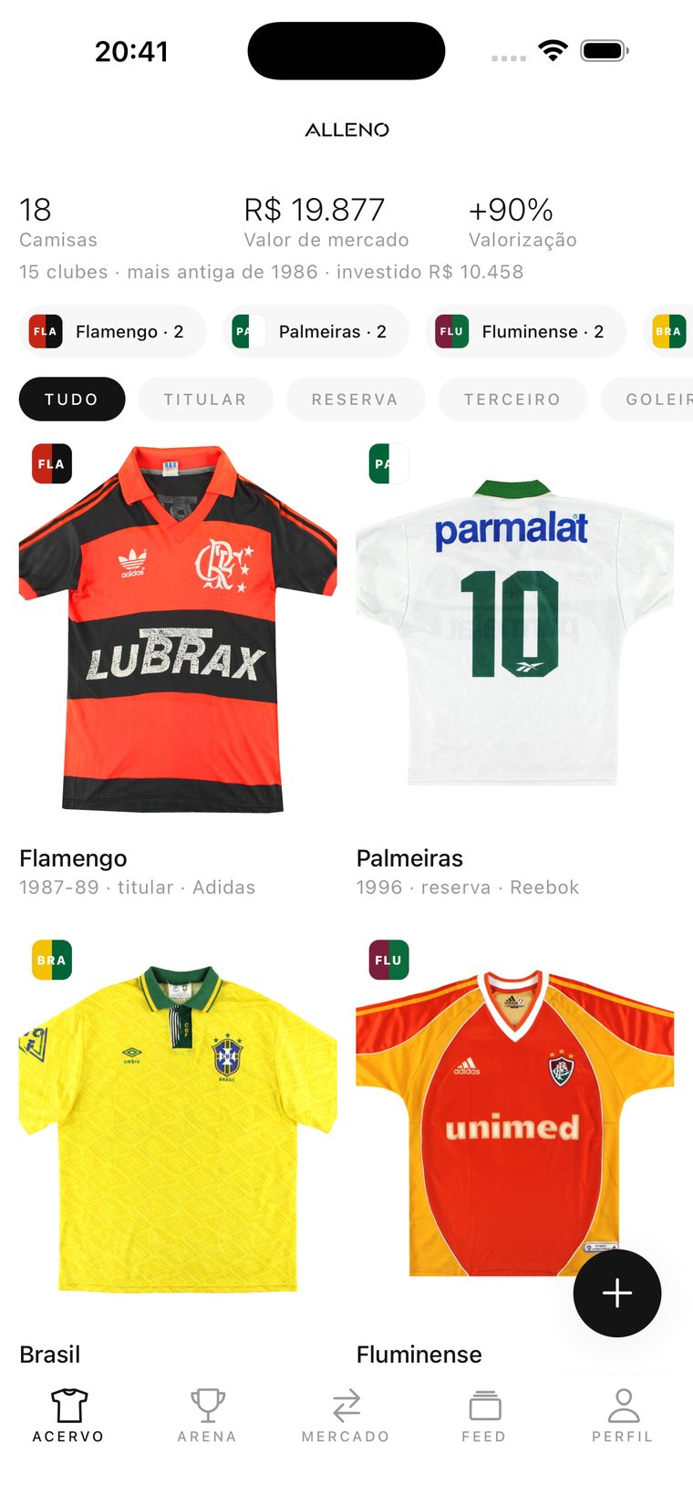 Tela do acervo no ALLENO, com camisas catalogadas e o valor total da coleção